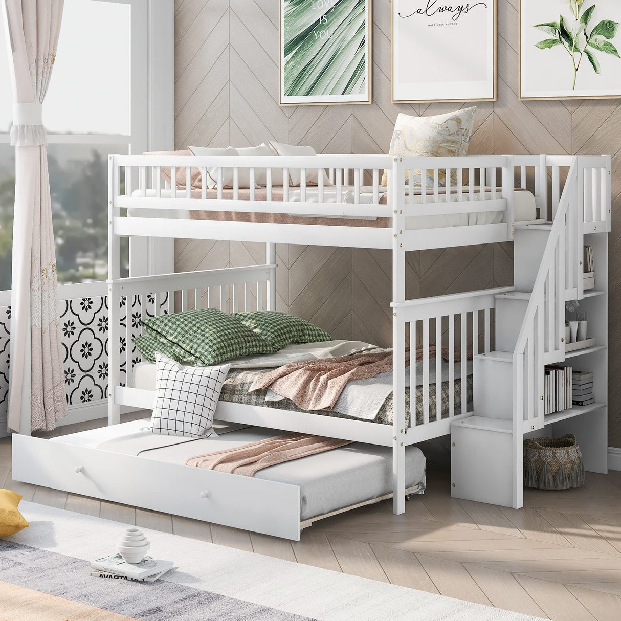 Harper & Bright Designs Full Over Full Bunk Bed with Trundle, Wooden Bunk Bed with Staircase, for Kids Teens Adults (White) Harper & Bright Designs