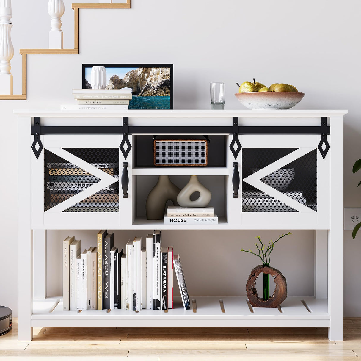 GAOMON Farmhouse Entryway Table with Sliding Barn Doors, Sofa Table with Storage and Open Shelf, Console Tables for Entryway, Hallway, White GAOMON