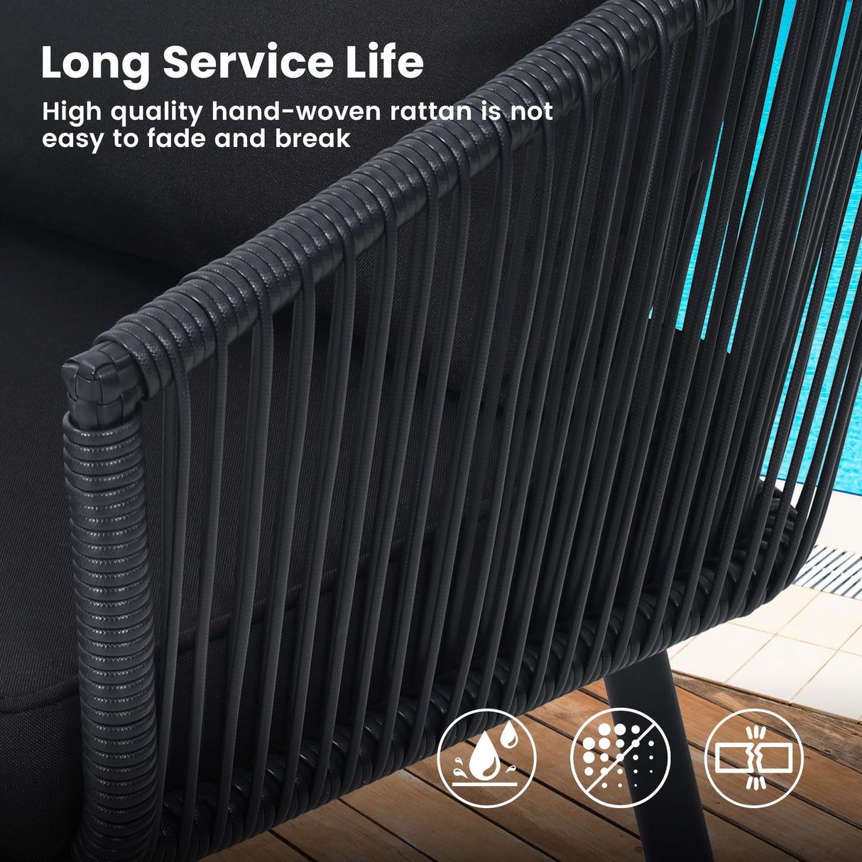 Kromax 3 Pieces Patio Rattan Bistro Conversation Set, Outdoor All-Weather Wicker Furniture Chairs and Side Table Set Ideal for Balcony, Porch and Backyard, Black Kromax