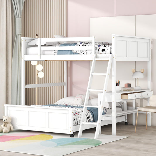 Bellemave Full Over Full Loft Bed with Desk and Storage Drawers in White - WoodArtSupply