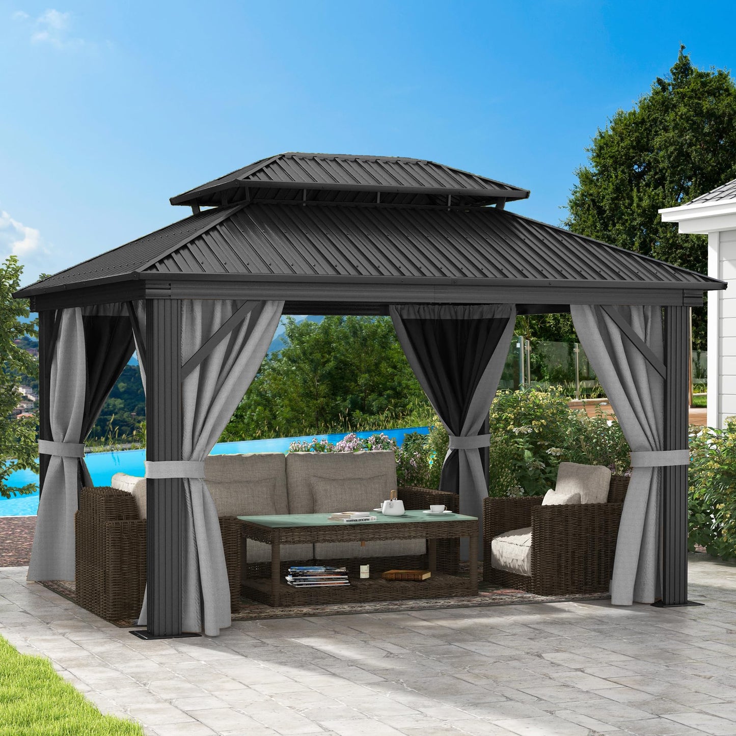 DWVO 12x14ft Hardtop Gazebo Double Roof with Nettings and Curtains, Heavy Duty Galvanized Steel Outdoor Vertical Stripes Roof for Patio, Backyard, Deck, Lawns, Gray - WoodArtSupply