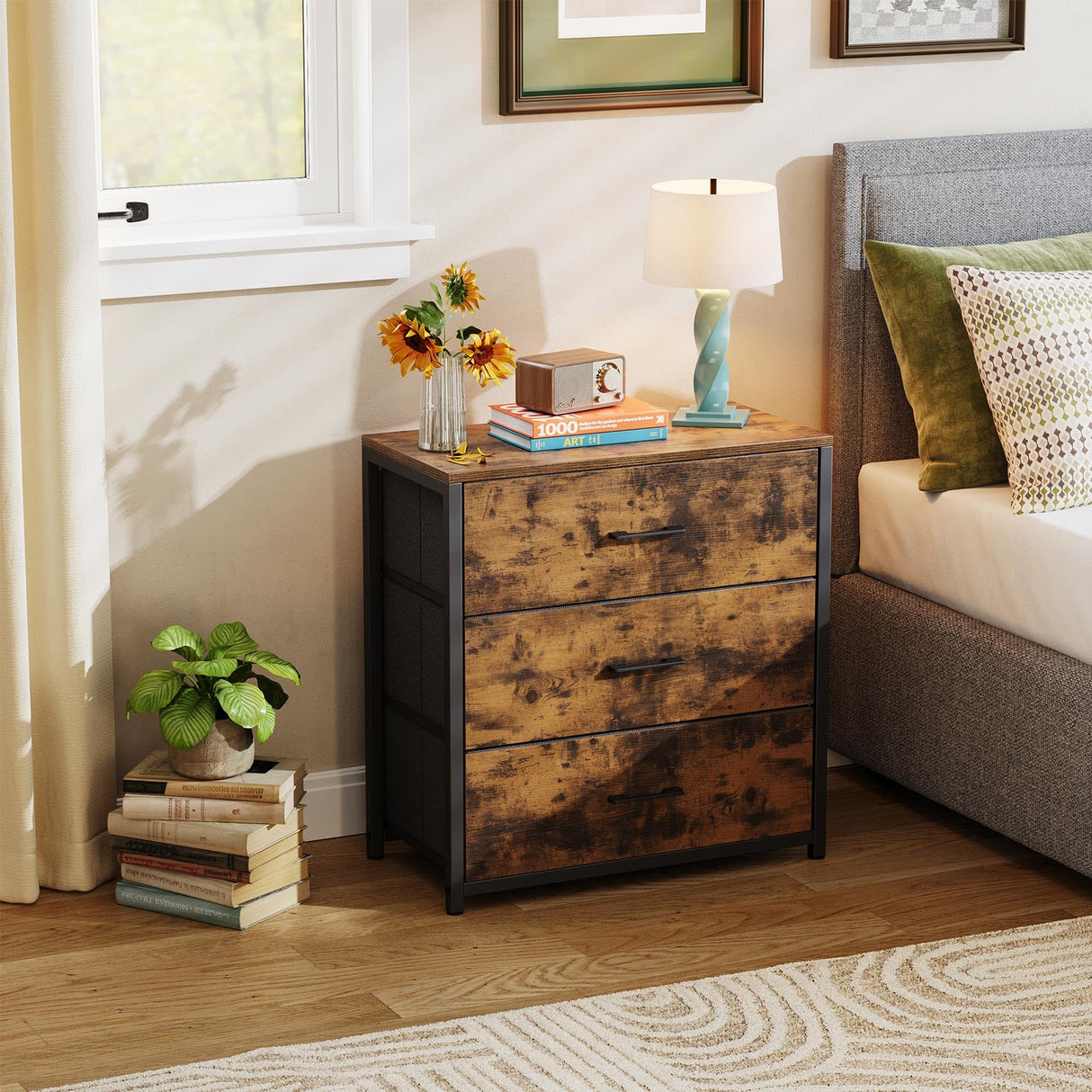 Memobarco Nightstand, End Table, Bedside Table, Small Tall Dresser for Bedroom with 3 Storage Drawer, Chest of Drawers Fabric Dressers with Steel Frame, Wooden Top & Front for Living Room Memobarco