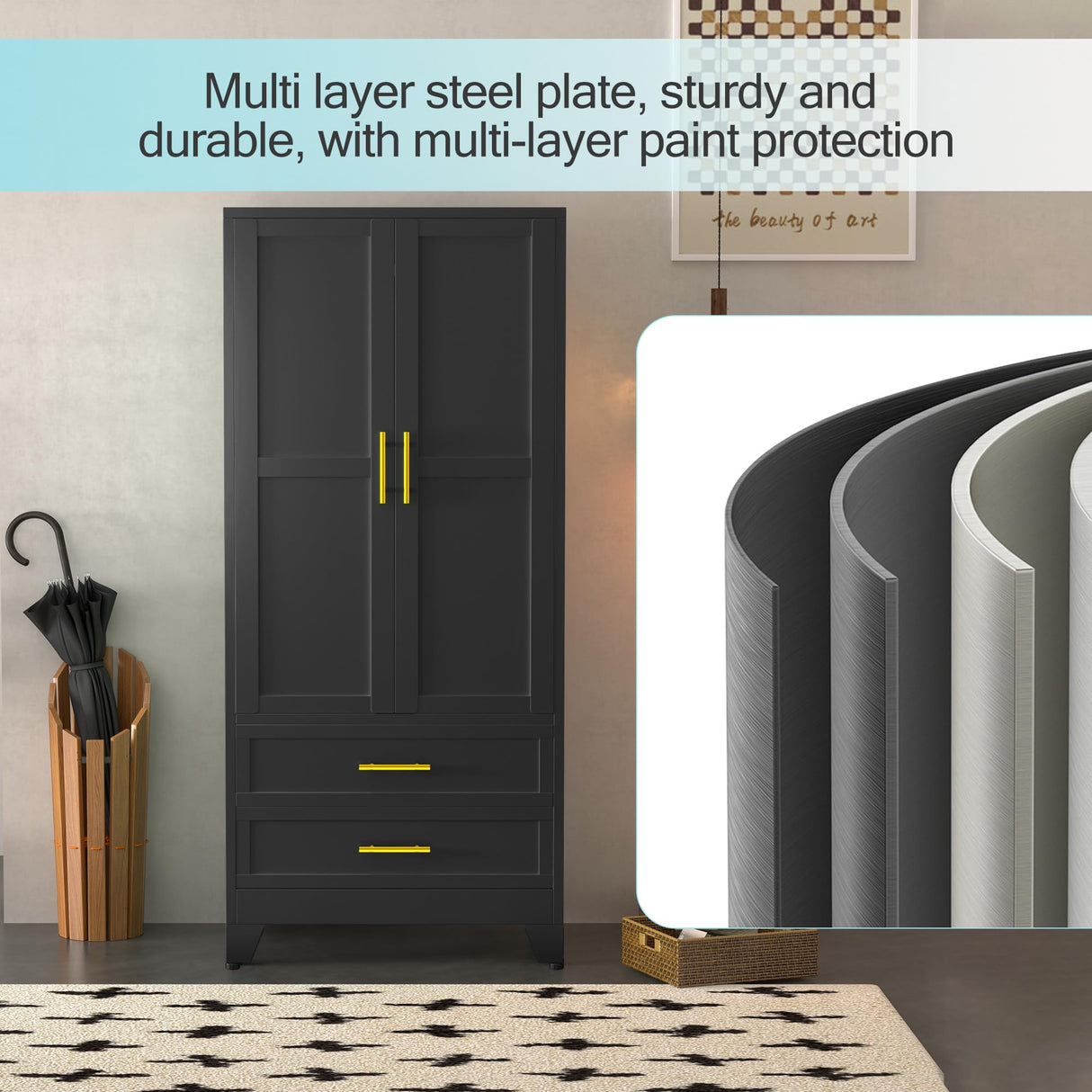 erosoei Metal Armoire Wardrobe Closet, 71 "Metal Clothing Storage Cabinet with Adjustable Shelves and Hanging Rod, Household Steel Wardrobe Storage Cabinet with Drawers (Armoire-Black) erosoei