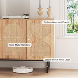 Rattan Sideboard Buffet Cabinet with Storage, Boho Farmhouse Wood Storage Cabinet with 3 Arched doors, Rattan Entryway Table Console Credenza TV Stand for Living Room, Dining Room, Kitchen, Hallway FiveWillowise