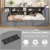 Full Size Corner Bed Frame with Storage Drawers and Desk,Captain Daybed with L-Shaped Bookcase and LED Lights,Corner Bed Full Size with Charging Station for Kids,Teens,Adults,Gray Bellemave