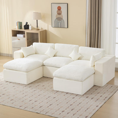 115'' Cloud Boneless Sectional Couch, Modular Sectional Sofa Deep Seat with 2 Ottomans, Oversized Upholstered Convertible Comfy 5 Seater Chenille Sofa U Shape Couches for Living Room, Beige