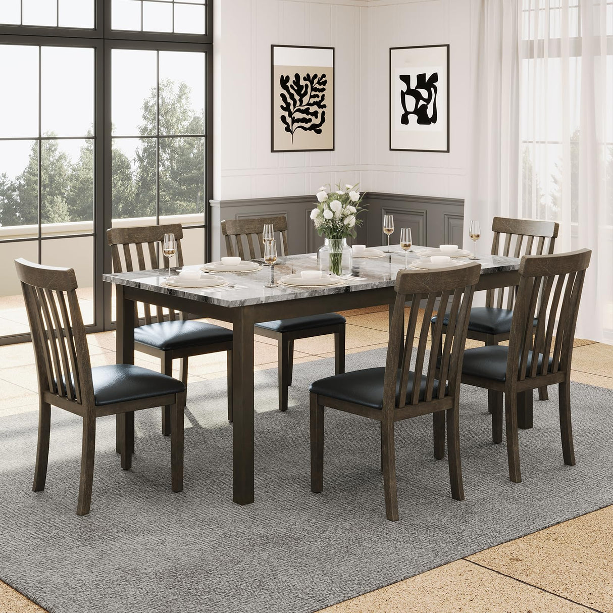 AMERLIFE 7-Piece Dining Table Set, 71" Faux Marble Modern Table with 6 PU Leather Upholstered Chairs, Heavy-Duty Solid Wood Set for Kitchen & Dining Room, Dark Brown AMERLIFE