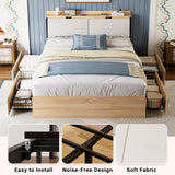 LIKIMIO Queen Bed Frames with Hidden Storage Headboard, Camas Queen with Charging Station and 4 Drawers, Sturdy and Noiseless, No Box Spring Needed, Wood Color LIKIMIO