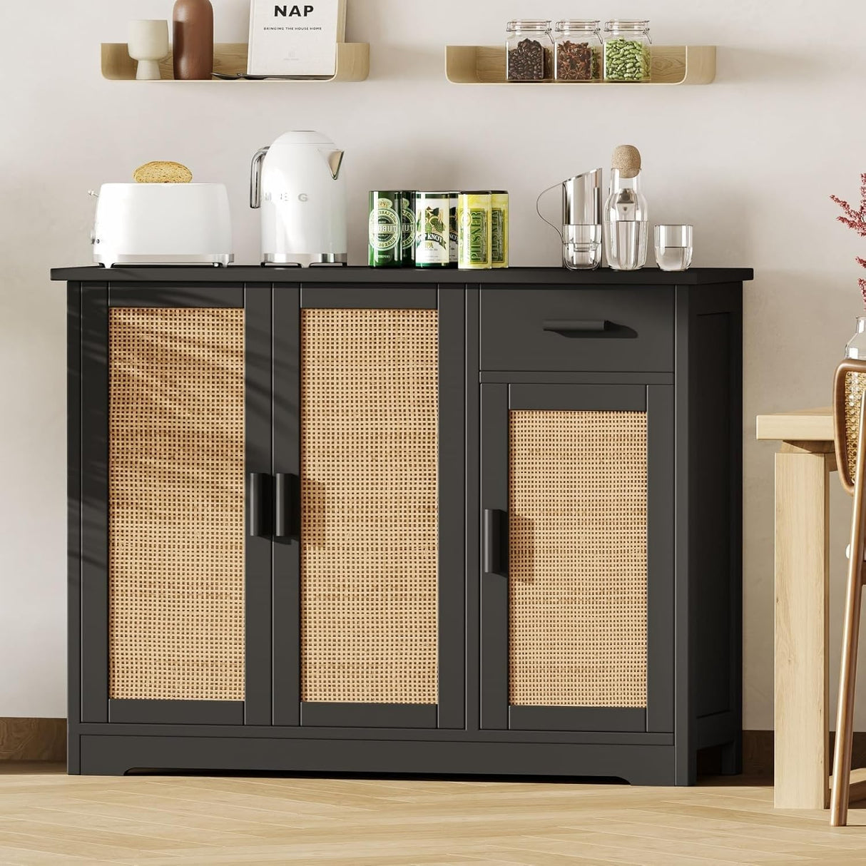 Irontar Kitchen Storage Cabinet, Sideboard Buffet Cabinet with Rattan Doors, Farmhouse Console Table with Drawer, Coffee Bar, Accent Table for Kitchen, Living Room, Hallway, Black and Natural CWG010BM Irontar