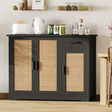 Irontar Kitchen Storage Cabinet, Sideboard Buffet Cabinet with Rattan Doors, Farmhouse Console Table with Drawer, Coffee Bar, Accent Table for Kitchen, Living Room, Hallway, Black and Natural CWG010BM Irontar