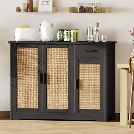 Irontar Kitchen Storage Cabinet, Sideboard Buffet Cabinet with Rattan Doors, Farmhouse Console Table with Drawer, Coffee Bar, Accent Table for Kitchen, Living Room, Hallway, Black and Natural CWG010BM Irontar