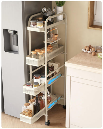 UMDONX Slim Storage Cart 4 Tier with Pull Out Basket Bathroom Organizer Rolling cart, Rolling Utility Cart Slide Out Organizer for Kitchen, Bathroom, Laundry White