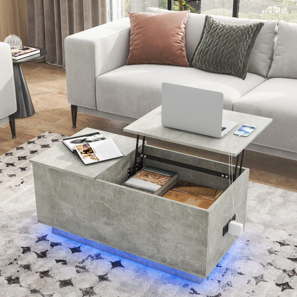 HOMMPA LED Coffee Table with Charging Station Grey Lift Tabletop Dining Table with Storage Hidden Compartment Modern Lift Top Center Table with LED Light Tea Table for Living Room Home Office HOMMPA
