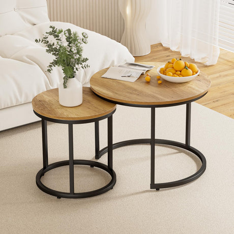 Smuxee Nesting Coffee Table Set of 2, 23.6" Round Coffee Table Brown Wood with Adjustable Non-Slip Feet, Industrial End Table Side Tables for Living Room Bedroom Balcony Yard Smuxee