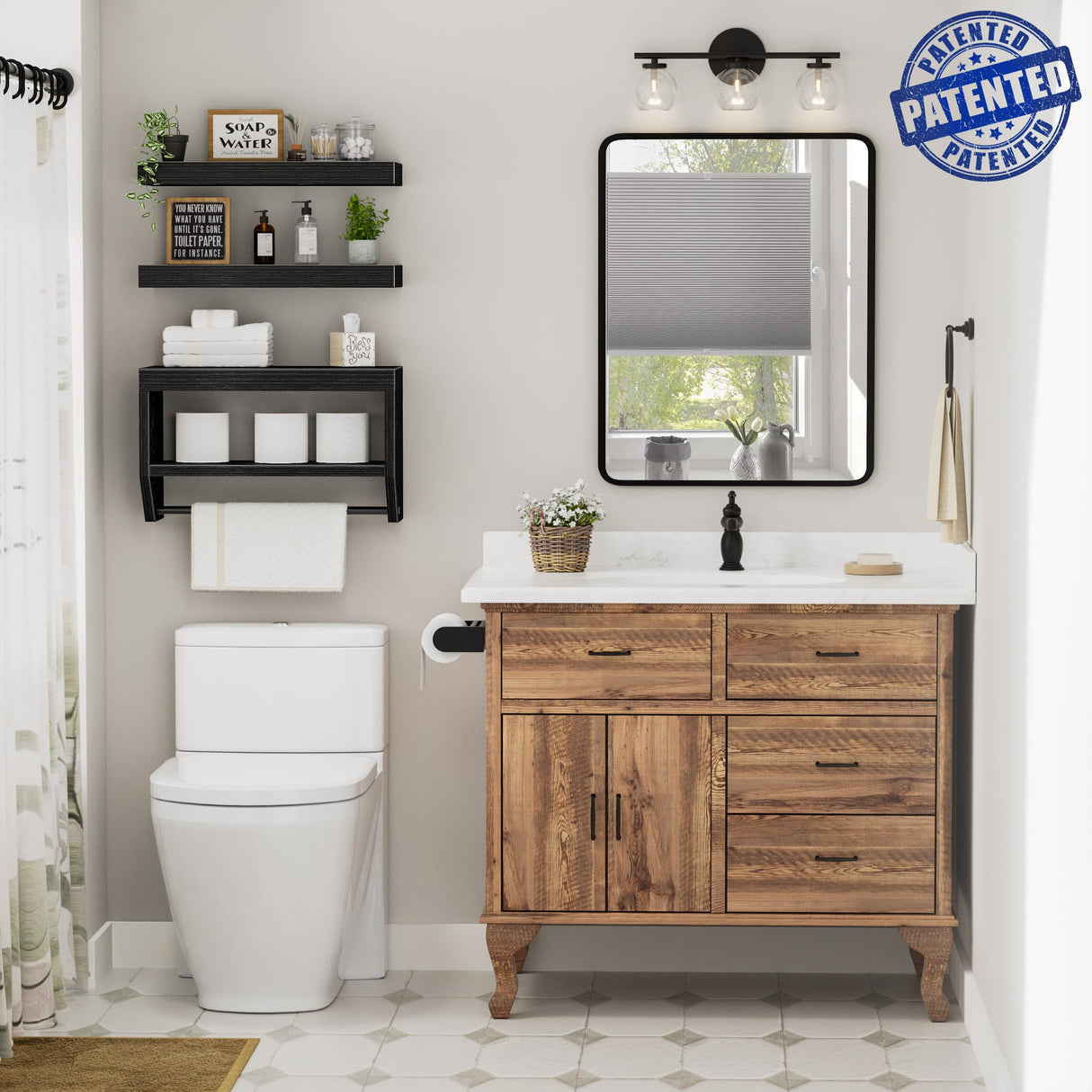 QEEIG Bathroom Floating Shelves for Wall - Shelf Over Toilet Paper Storage Farmhouse 16 inch Set of 3, Black (028-40B3) QEEIG