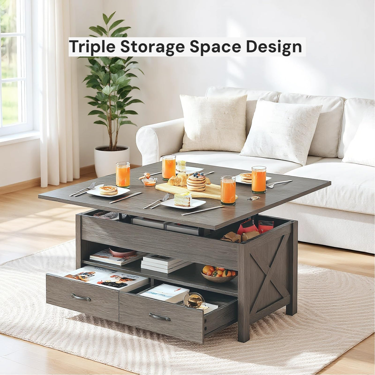 Amada Lift Top Coffee Table, 4 in 1 Convertible Coffee Table with Drawers and Hidden Compartment, Expandable Center Table Converts to Dining Table for Living Room, Wash Grey AMADA HOMEFURNISHING