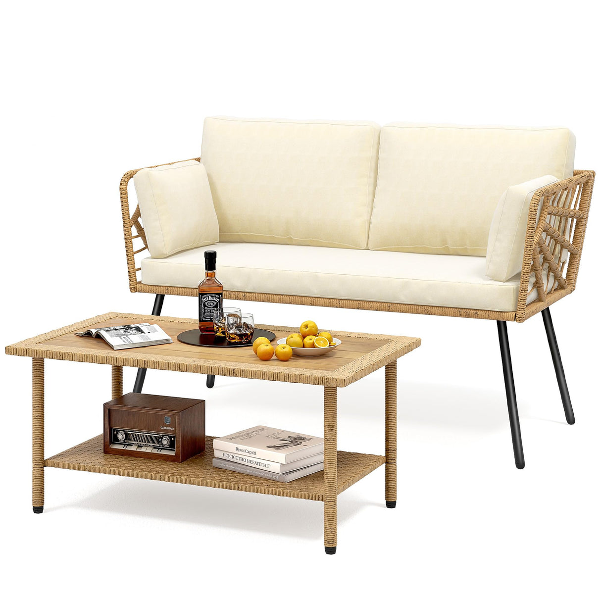 DWVO 2-Piece Patio Set, Wicker Loveseat with Plush Cushions & Rattan Side Table, All-Weather Outdoor Conversation Furniture for Balcony, Deck, Backyard, Poolside DWVO