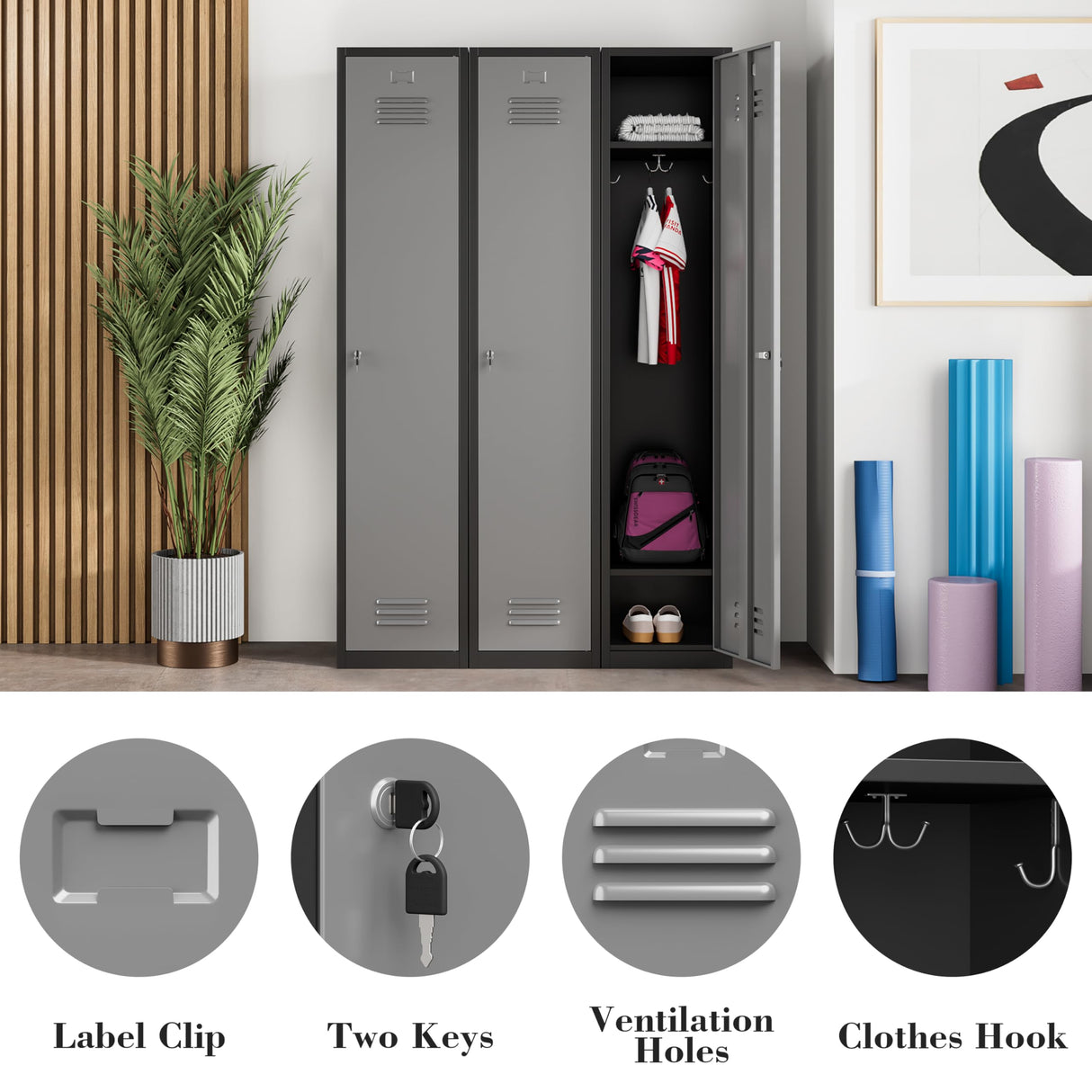 Kooyon Metal Lockers for Employees,71" Steel Storage Cabinet with 1 Door Lockable for Home,Gym,School,Office,Garage/Black Gray-Assembly Required Kooyon