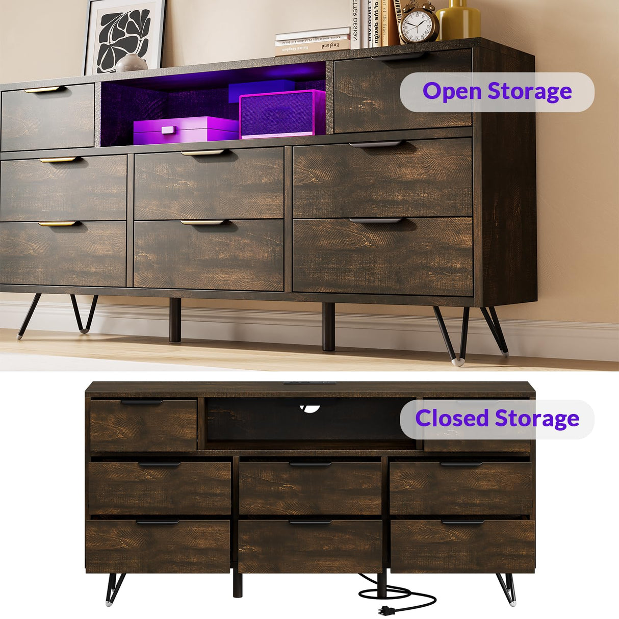 TV Cabinet with Storage LED Lights,Power Outlets,Dresser with 8 Drawers Open Shelf,TV Stand for 32/45/55/65 Inches,Metal Frame & Wood Top Storage Cabinet for Bedroom,Living Room,Hallway Takywep