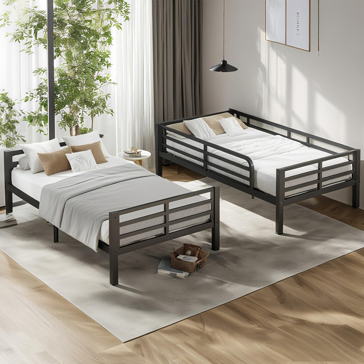 Bellemave Twin XL Over Twin XL Bunk Bed for Adults with Ladder & Full-Length Guardrails, Metal Heavy Duty Bunk Bed Frame with Sturdy Slats, Noise Free, No Box Spring Needed, Black Bellemave