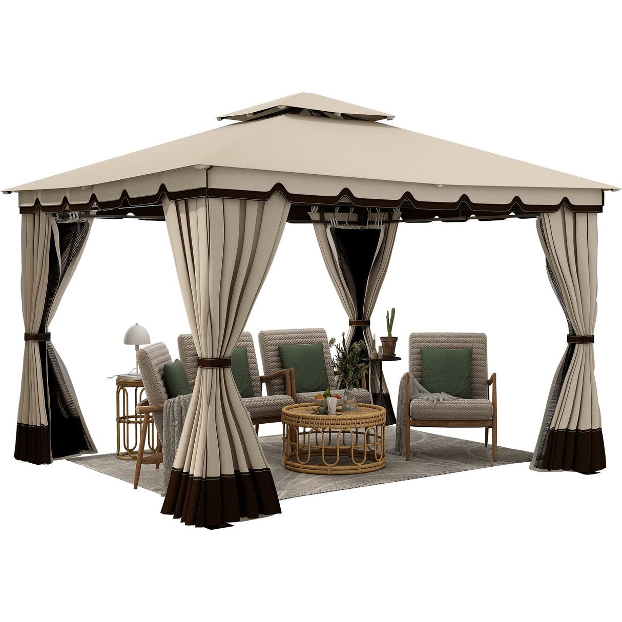 YITAHOME 10x12ft Patio Gazebo Outdoor Double Roof Canopy Gazebo w/Netting & Curtains, Soft Fabric Top Garden Winds Tent with Steel Frame for Lawn, Garden, Backyard and Deck, Khaki YITAHOME