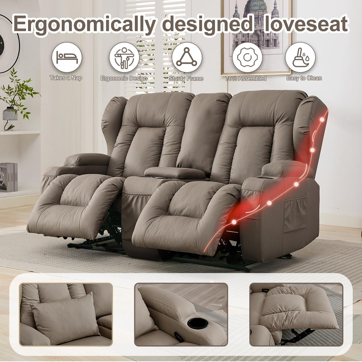 SAMERY 65.5" RV Loveseat Recliner Double Recliner RV Sofa & Console | Wall Hugger Loveseat Reclining RV | RV Theater Seats | RV Couch | RV Home Theater Seating Furniture (Fabric Khaki) SAMERY