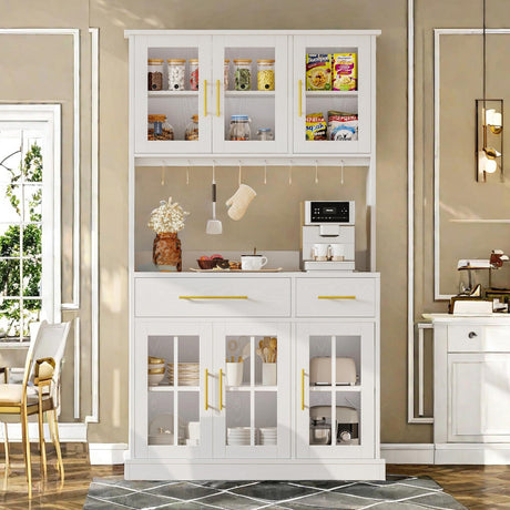 DWVO Kitchen Pantry Storage Cabinet with Microwave Stand, 71'' Tall Kitchen Hutch Cabinet with Power Outlet, Modern Food Pantry Cabinet with Drawers ＆ Shelves for Home, White DWVO