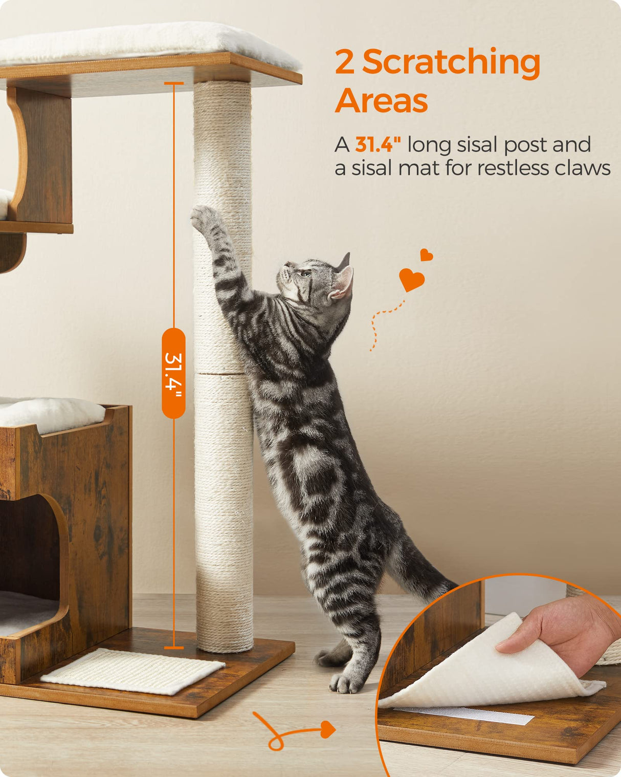 Feandrea 33.9-Inch Cat Tower, Medium Cat Tree with 3 Beds and Cave, Cat Condo Made of MDF with Wood Veneer, Sisal Post and Washable Faux Fur, Vintage, Rustic Brown and White UPCT70HW Feandrea