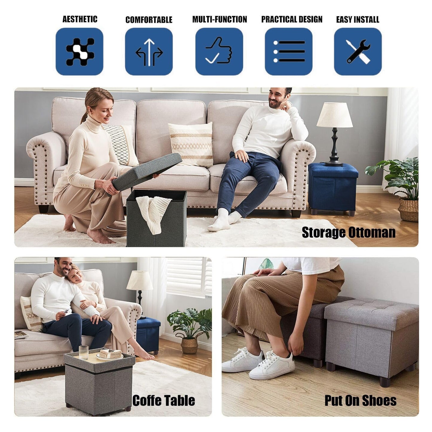 BRIAN & DANY Storage Ottoman Cube, Foot Stool Seat with Wood Legs, Folding Storage Ottoman Bench, Small Ottoman Foot Rest for Living Room and Bedroom 12.6"x12.6"x12.8" - Grey