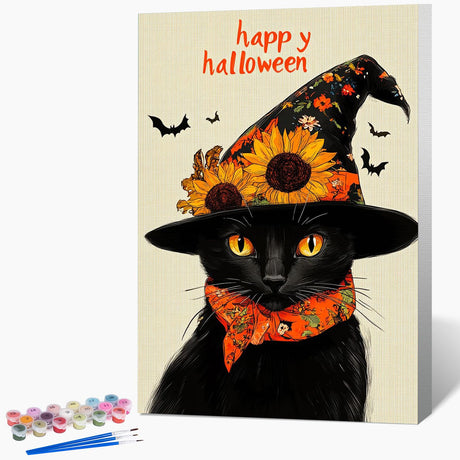 Framed Paint by Numbers Kit for Adults Beginner Black Cat, Adult Paint by Number Kits on Canvas Framed, DIY Acrylic Oil Painting by Numbers with Frame, Halloween for Home Decor Gift 8 X 12 Inch Okarina