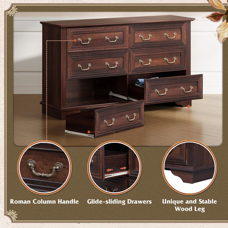 WLIVE Wood Dresser for Bedroom with 6 Drawer, 51.97'' Wide, Farmhouse Long Storage Dresser Organizer with Roman Metal Handle, TV Stand for 60 inch TV, Chest of Drawers for Living Room, Hallway, Brown WLIVE
