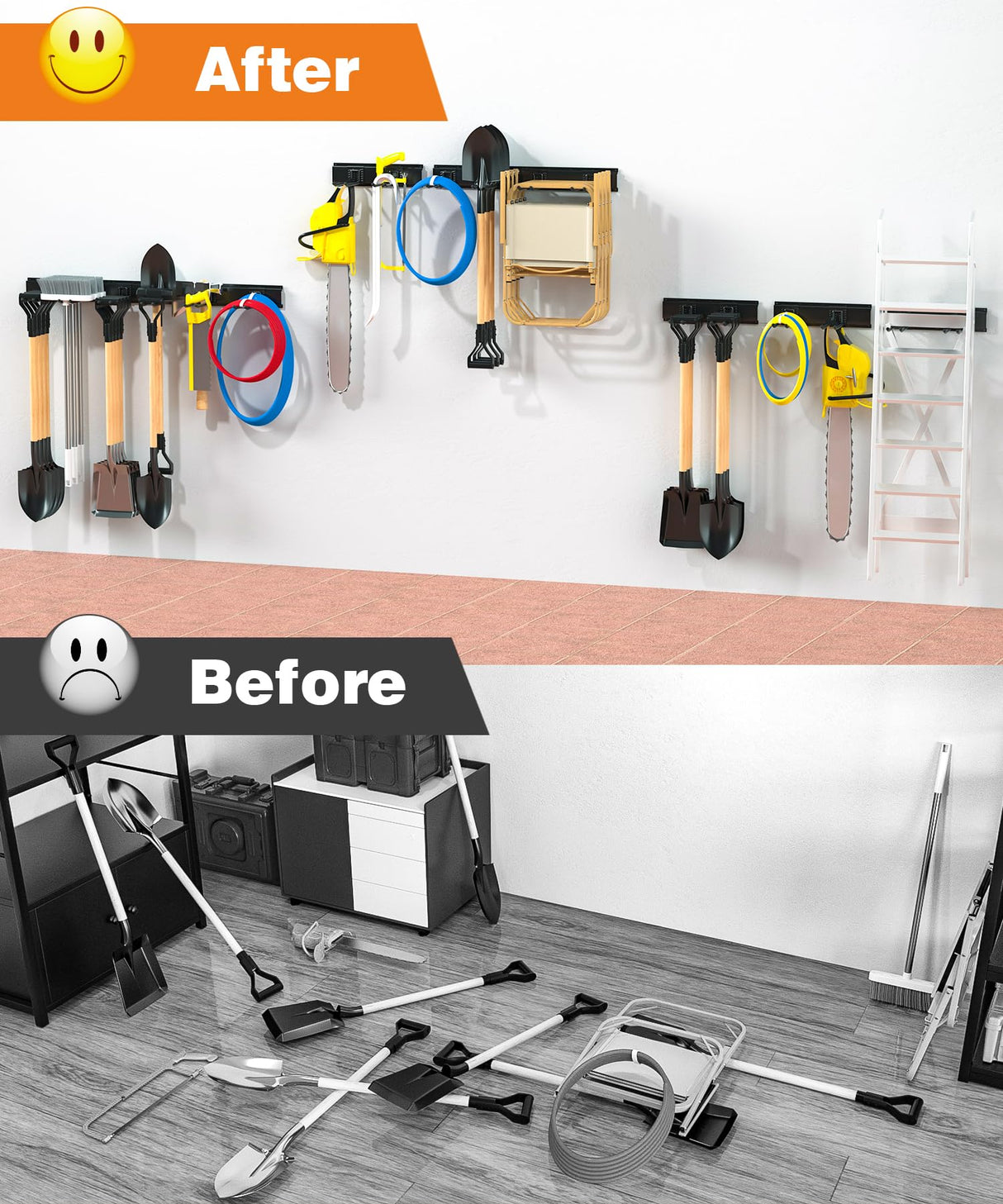 Garage Tool Organizer Wall Mount, 49.5 Inch Garage Organization and Storage Heavy Duty with 3 Packs Rails and 6 Adjustable Hooks, Garden Yard Tool Hanger Rack for Shovel, Max Load 600lbs Solid As Mountain