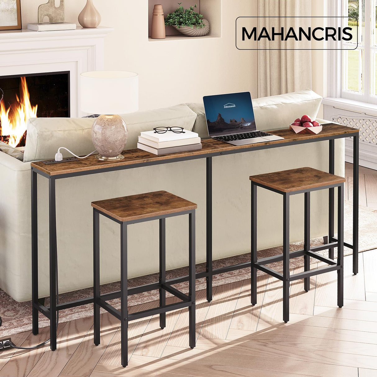 MAHANCRIS Console Table with Power Outlet, 70.9" Narrow Sofa Table, Industrial Entryway Table with USB Ports, Behind Couch Table for Entryway, Hallway, Foyer, Living Room, Rustic Brown CTHR18E01Z1 MAHANCRIS