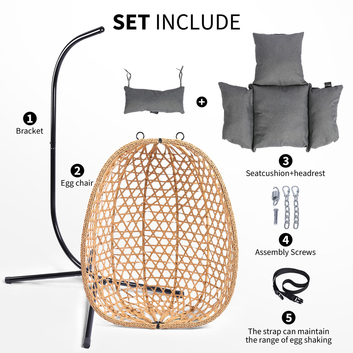 LEX CRAFT Egg Chair with Stand, Patio Wicker Hanging Chair, Hammock Swing Chair, 350LBS Capacity for Bedroom, Balcony, Garden (YE-GR) LEX CRAFT