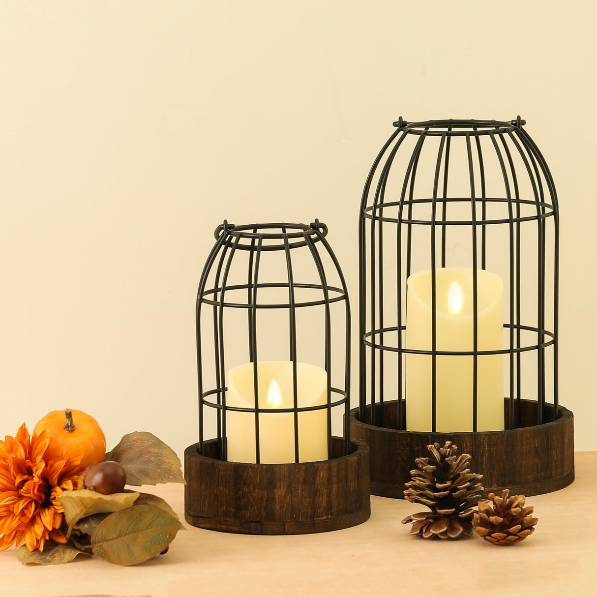 Perfnique Decorative Candle Lantern, Set of 2 Farmhouse Table Lanterns for Home Decor, Rustic Table Centerpieces for Dining Room, Fireplace Mantle Kitchen Decoration (Walnut) PERFNIQUE