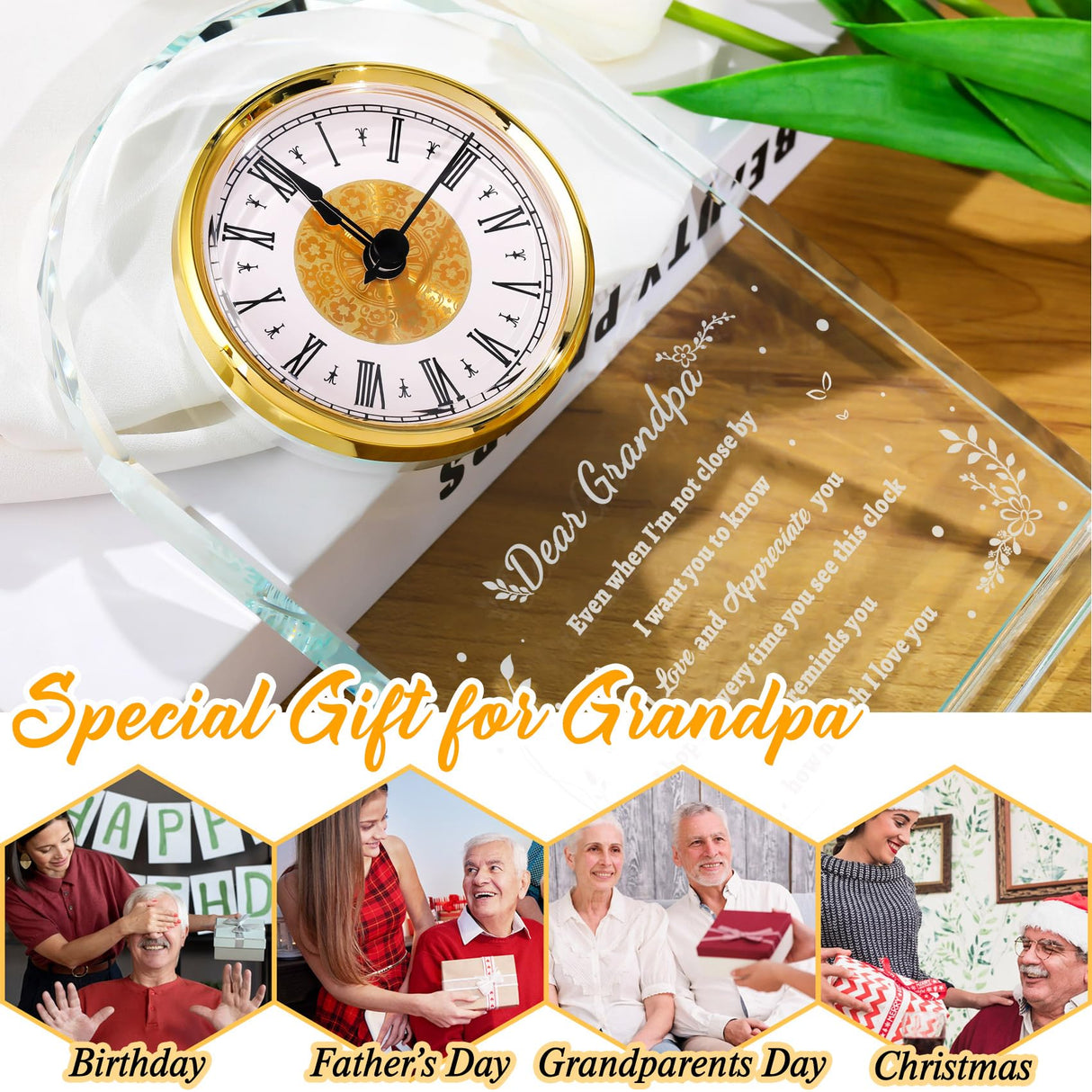YWHL Glass Colck Gifts for Grandpa, Best Father's Day Grandpa Gifts, Great Grandfather Birthday Gifts, Glass Clock Keepsake for Grandpa on Christmas (Battery not Included) YWHL