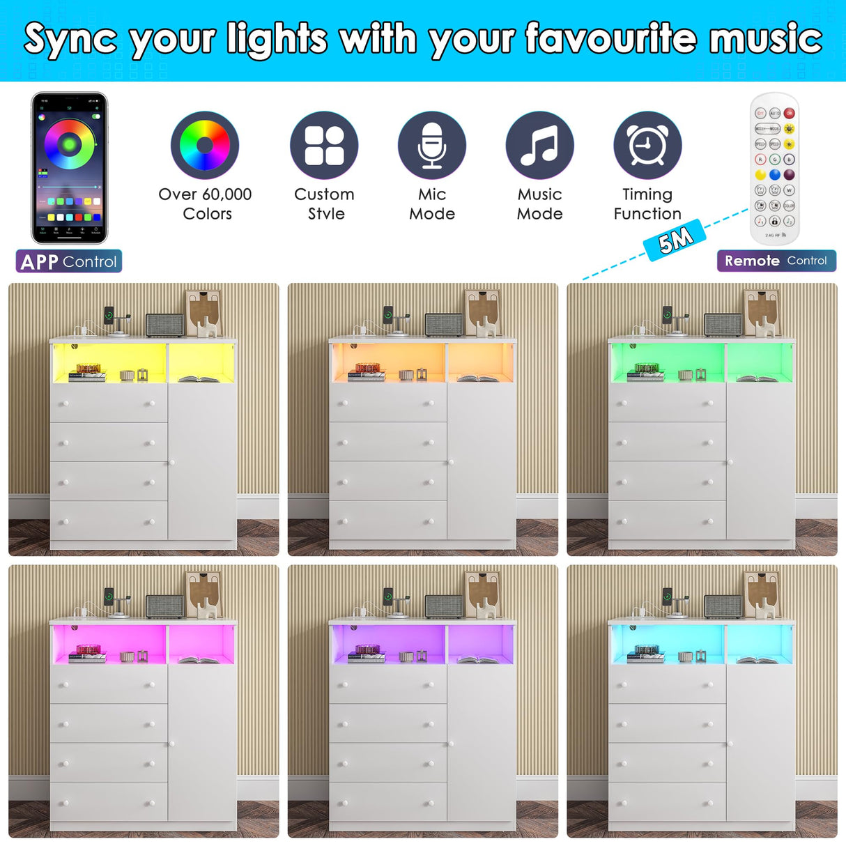 OTUTUMUS 4 Drawer Dresser for Bedroom with Charging Station & LED Light, Wood Tall Dresser with Storage Cabinet, Chest of Drawers with Open Compartments for Living Room, Closet, Hallway (White) OTUTUMUS