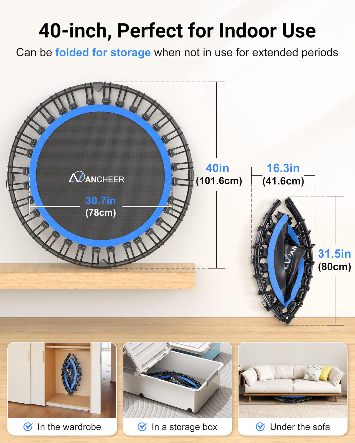 ANCHEER 40" Foldable Rebounder Trampoline for Adults/Kids with Resistance Bands and Bungees, Fitness Home, Indoor & Outdoor Mini Trampoline with Bar and Safety Padding - Max Load 330lbs (Blue) ANCHEER