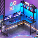 SEDETA L Shaped Gaming Desk, Reversible 45.3” Small Corner Desk with Power Outlet and LED Lights, Corner Gaming Desk with Storage Shelves, Hooks and Hooks for Small Space, Black SEDETA