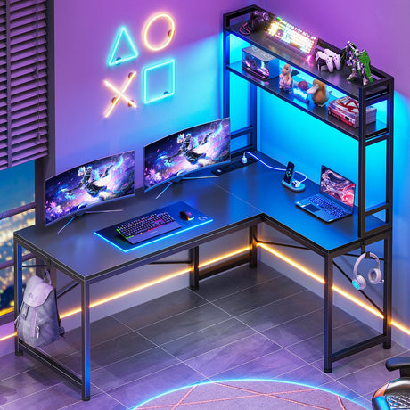 SEDETA L Shaped Gaming Desk, Reversible 45.3” Small Corner Desk with Power Outlet and LED Lights, Corner Gaming Desk with Storage Shelves, Hooks and Hooks for Small Space, Black SEDETA