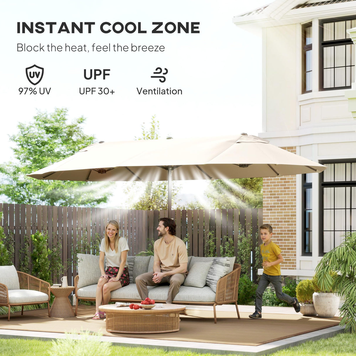 Outsunny Extra Large 15 ft Patio Umbrella, Double-Sided Large Outdoor Umbrella with Crank Handle and Air Vents for Backyard, Deck, Pool, Market, Cream White Outsunny