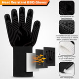 BBQ Gloves, 1472°F Heat Resistant Fireproof Mitts, Silicone Non-Slip Washable Oven Kitchen Gloves for Barbecue, Grilling, Cooking, Baking, Camping, Smoker (Black) KUWANI