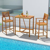 Tangkula 3 Piece Patio Bar Table & Chairs, Outdoor Acacia Wood Bar Set w/Slatted Seat & Tabletop, Wood Dining Bar Set w/Backrest, Armrests & Footrest for Backyard, Poolside, Balcony Tangkula
