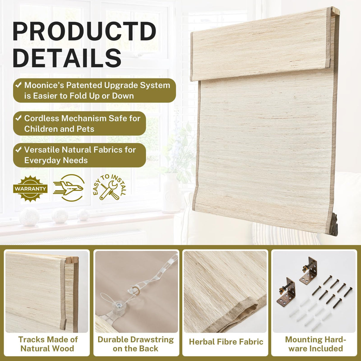 Moonice Cordless Custom Roman Shades for Window Blackout, Natural Woven Fabric Privacy Room Darkening Blinds, Thermal Insulated Window Blind Treatment for Bedroom Living Room, Beige moonice