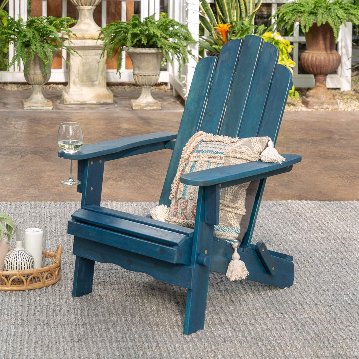 Walker Edison Sully Classic Solid Acacia Wood Outdoor Folding Adirondack Chair, 38 Inch, Navy Blue Wash Walker Edison