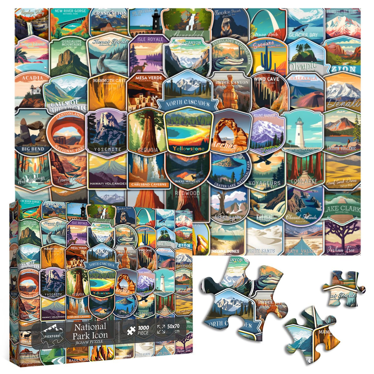 PICKFORU National Parks Puzzles for Adults 1000 Pieces and up, National Parks Stickers Puzzle Collects Yellowstone Yosemite Zion Glacier, National Park Poster Jigsaw Puzzles as Home Decor PICKFORU
