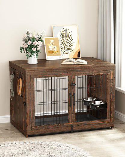 Piskyet Wooden Dog Crate Furniture with 360°Rotatable Removable Dog Bowls, Dog Crate End Table with Tray, Double Doors Dog Kennels for Dogs(XL:43.2" L*28.6" W*30.3" H, Rustic Style) - WoodArtSupply