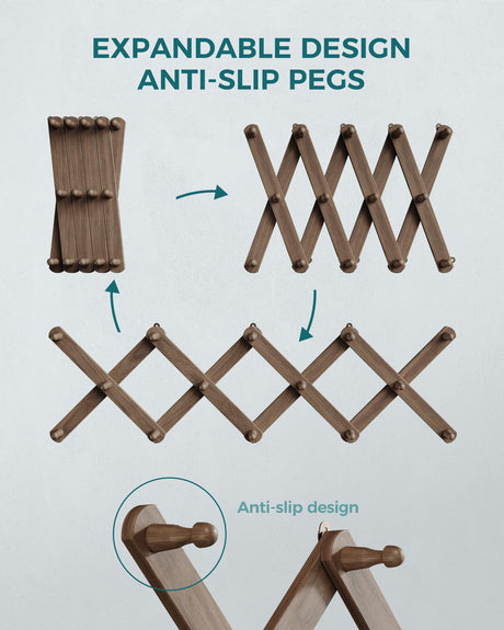 OROPY Wood Accordion Wall Hanger, Expandable Coat Rack Wall Mount with 14 Pegs, Expanding Hat Rack for Wall, X Shape, 27"×10", Walnut Color OROPY