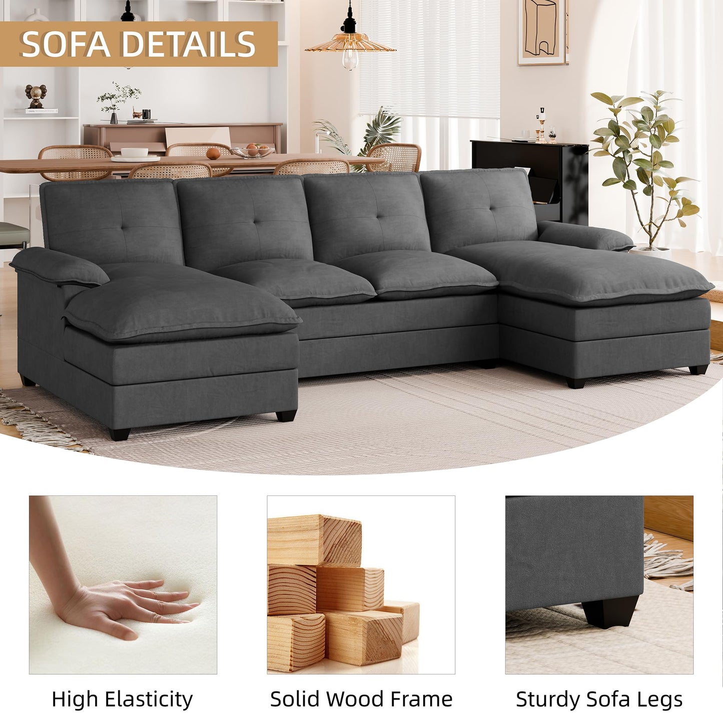 JAMFLY Sectional Couches for Living Room, U-Shaped Couch 4 Seat Sofas with Double Chaises, Modern Modular Sectional Sofa Set for Apartment Furniture for Apartment, Black