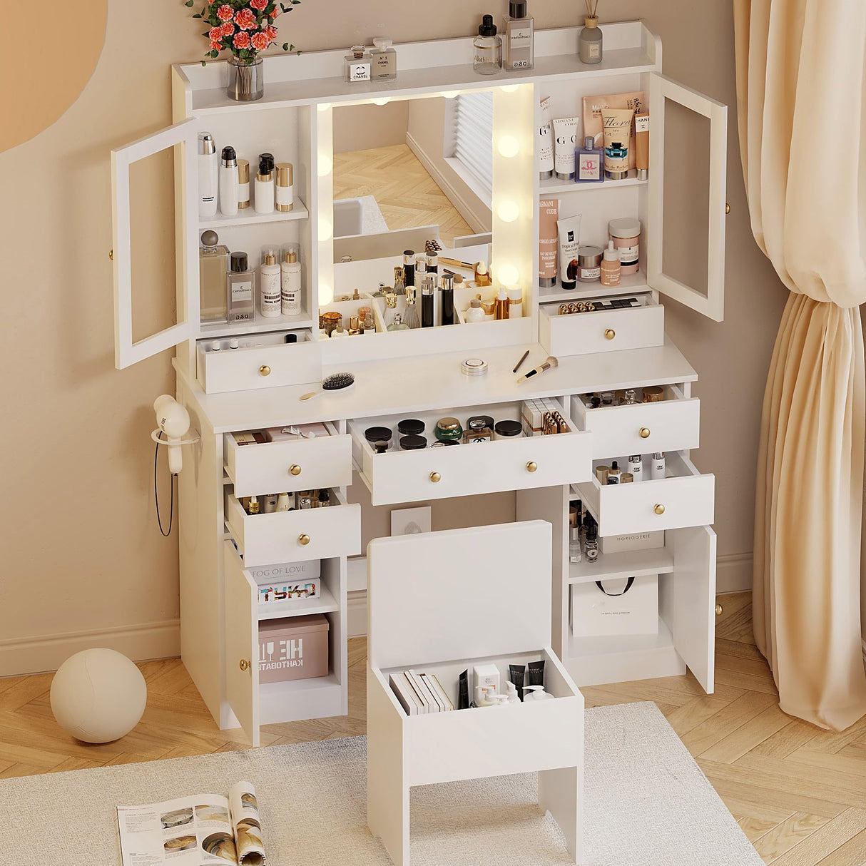 HUANLEGO Vanity Desk with Mirror and Lights, White Vanity Mirror with Lights Desk and Chair &7 Drawers, Cabinets Makeup Vanity Table with with Stool for Bedroom 3 Lights Mode and Brightness Adjusted HUANLEGO